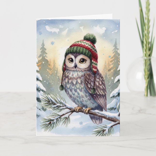 Cartão Christmas Watercolor Owl In Winter Hat (Frente)