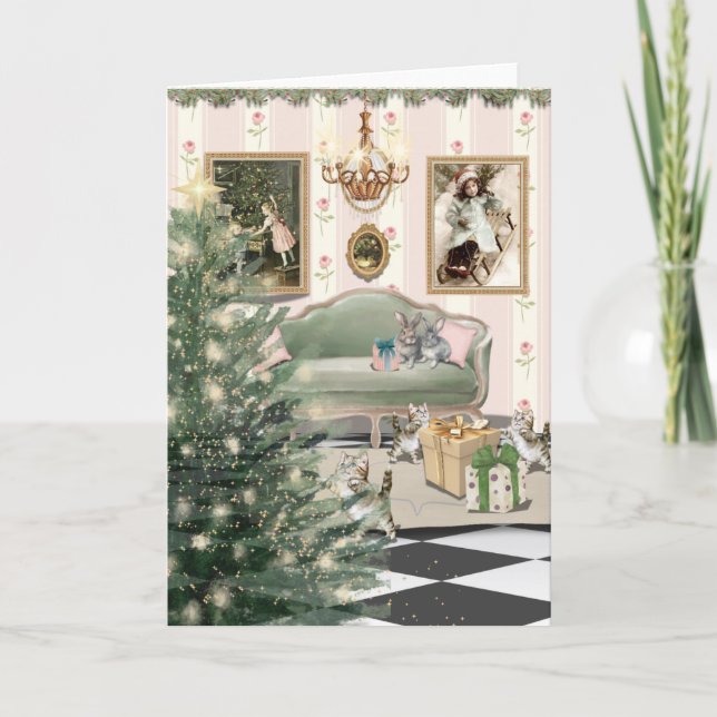 Cartão Christmas with Cats and Bunnies Greeting Card (Frente)