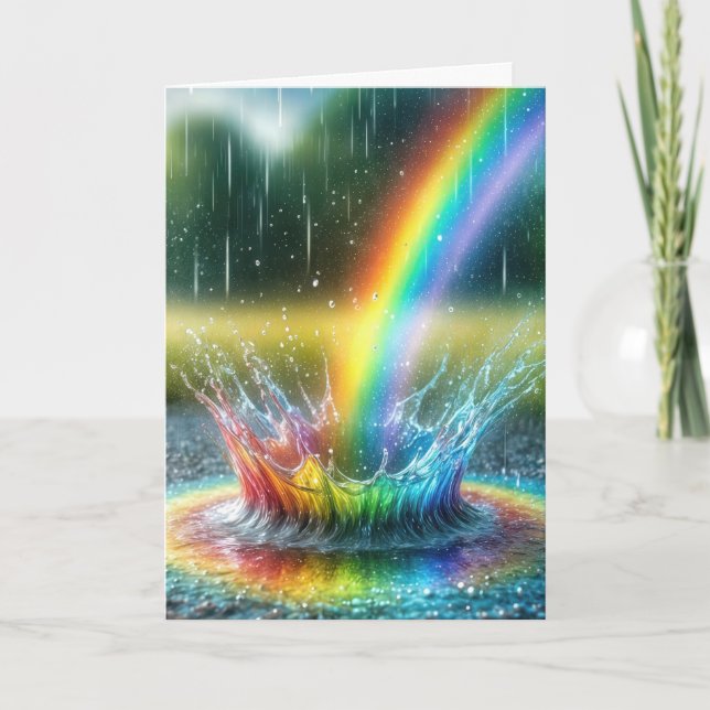 Cartão Chuva de Arco-Íris de Aniversário em uma Poça (Frente)