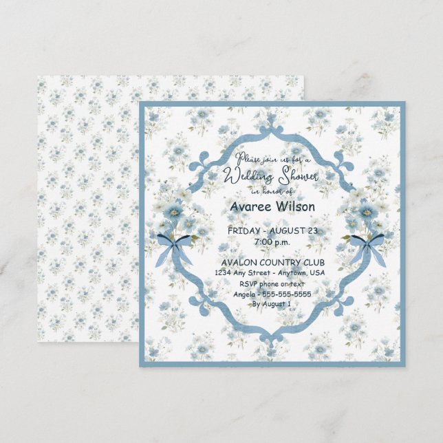 Cartão Chuva de Presentes de Casamento em Floral Azul (Frente/Verso)