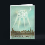 Cartão Cidade de aniversário de 30 anos e Destaques<br><div class="desc">aniversário de 30 anos. Um cartão com um poster de filme retrô. Uma cidade noturna com holofotes iluminando a idade. Ilumine um holofote para um feliz aniversário!</div>
