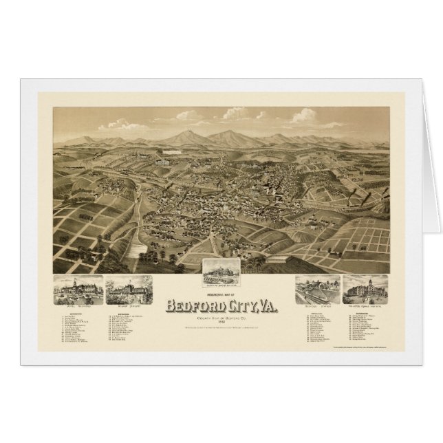 Cartão Cidade de Bedford, mapa panorâmico do VA - 1891 (Frente Horizontal)