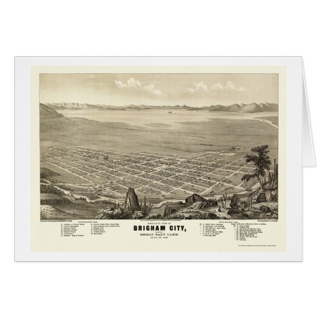 Cartão Cidade de Brigham, mapa panorâmico de UT - 1875 (Frente Horizontal)