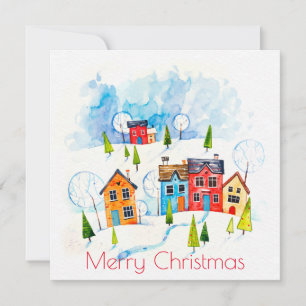 Cartão Cidade de neve com aquarela de Natal feliz