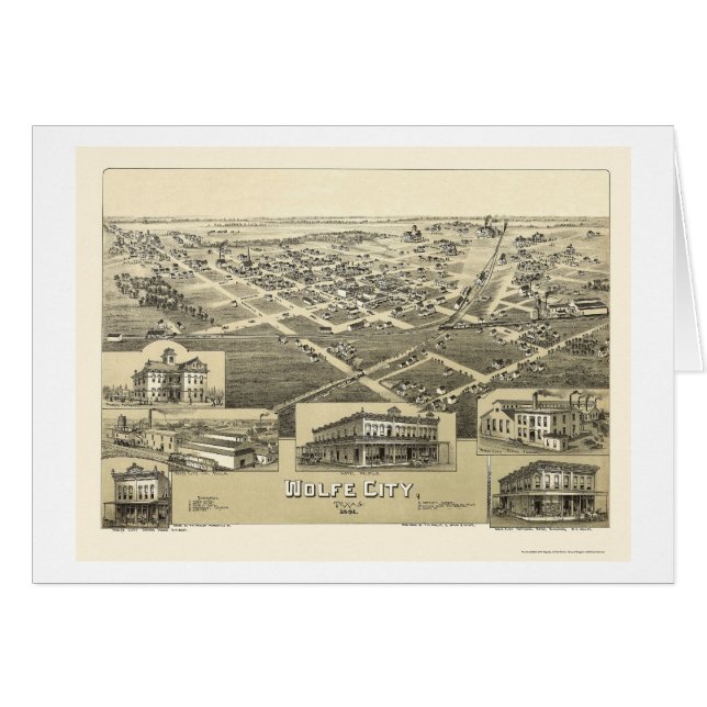 Cartão Cidade de Wolfe, mapa panorâmico de TX - 1891 (Frente Horizontal)