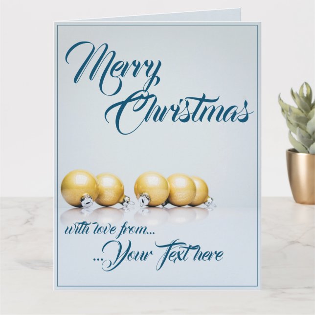 Cartão Cinco bolas de natal de ouro - escrevendo azul (Planta pequena)
