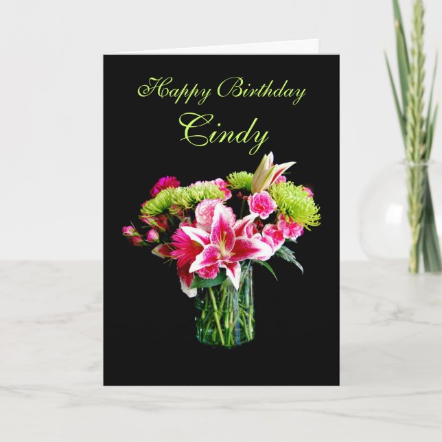Cartão Cindy Happy Birthday, Stargazer Lily Buquê (Frente)