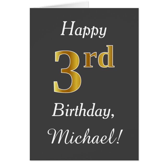 Cartão Cinza, aniversário de 3 anos Dourada Faux + Nome P (Frente)