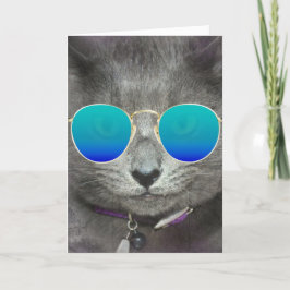 Cartão Cinza Aniversário Gato com Óculos de Sol