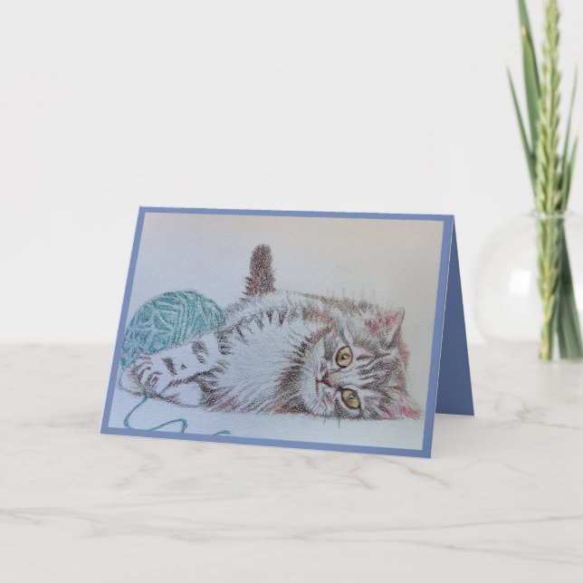 Cartão Cinza bonita por Cat Kitten Art Blue Greeting Card (Frente)