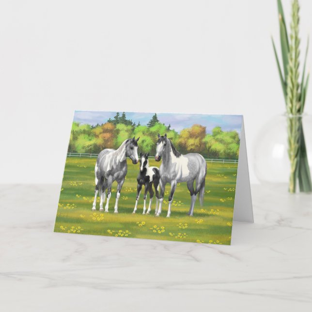 Cartão Cinza De Maçã Em Cavalos De Tintas Em Pasto De Ver (Frente)