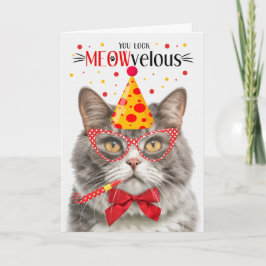 Cartão Cinza e Gato Marinho Branco MEOWveloz Aniversário