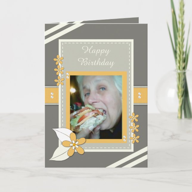 Cartão Cinza e laranja com flores e fotos (Frente)