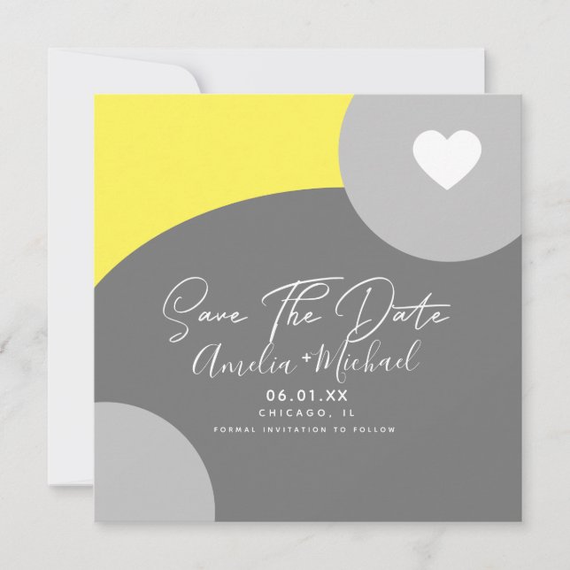Cartão Cinza Orgânica Arch Moderno Amarelo Salve a Data (Frente)