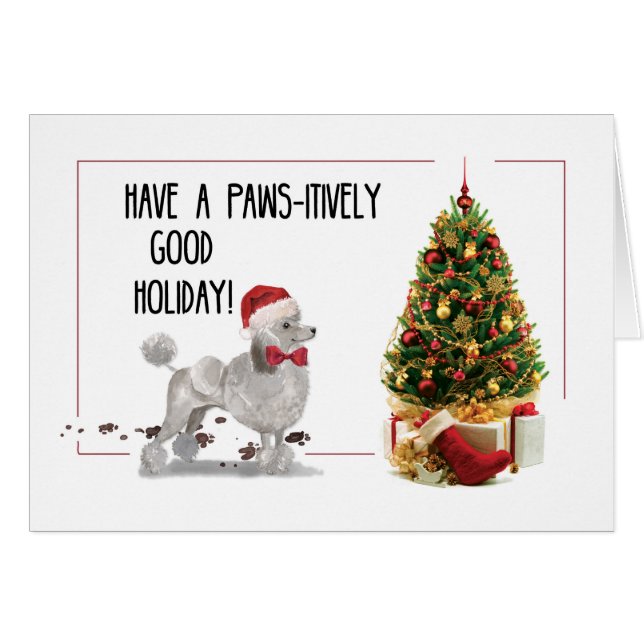 Cartão Cinza Poodle Engraçado Cachorro de Natal com Árvor (Frente Horizontal)