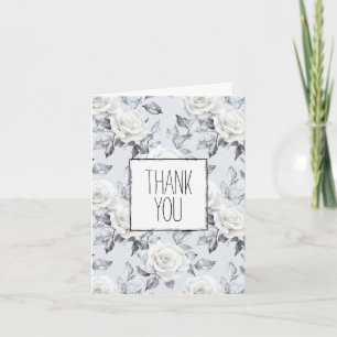 Cartão Cinza Romântica Silver White Rose Floral Obrigado