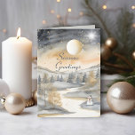 Cartão Cinza Watercolor Mountain River Snowman Natal<br><div class="desc">Cartão de Natal de Snowman, cinza Watercolor Mountain River. Esta bela carta do rio da montanha da meia-noite apresenta uma impressionante design do céu noturno, com a "Saudação dos Sésons" mostrada elegantemente na frente. O dentro pode ser personalizado com sua própria saudação e nomes de família. Suas matizes ouro e...</div>