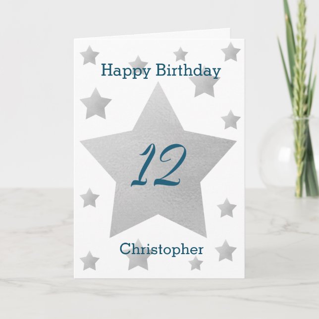 Cartão Cinza Watercolor Stars 12 Birthday Card (Frente)