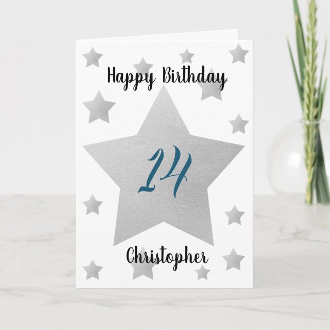 Cartão Cinza Watercolor Stars 14 Birthday Card (Frente)