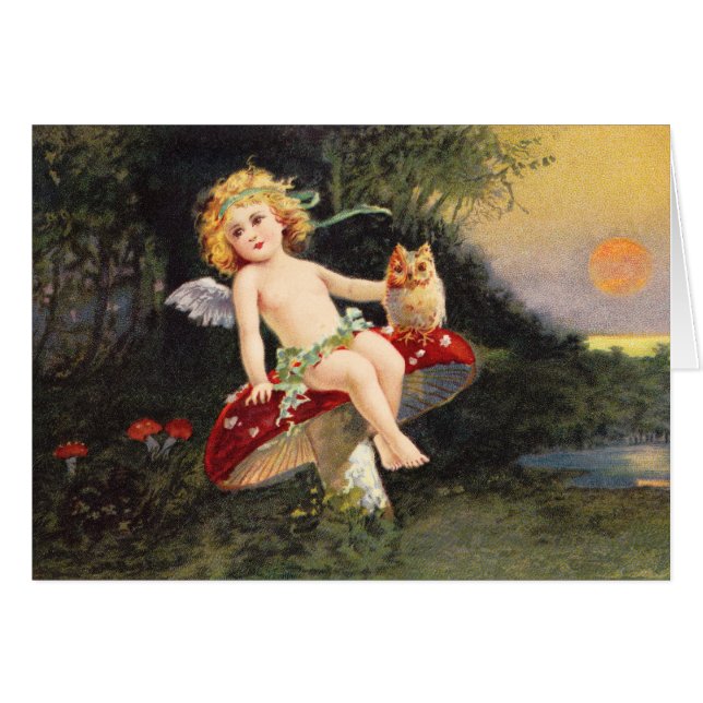 Cartão Clapsaddle: Querubim pequeno no cogumelo (Frente Horizontal)