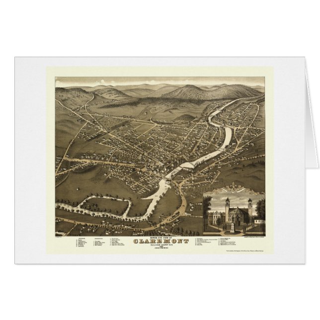 Cartão Claremont, mapa panorâmico do NH - 1877 (Frente Horizontal)