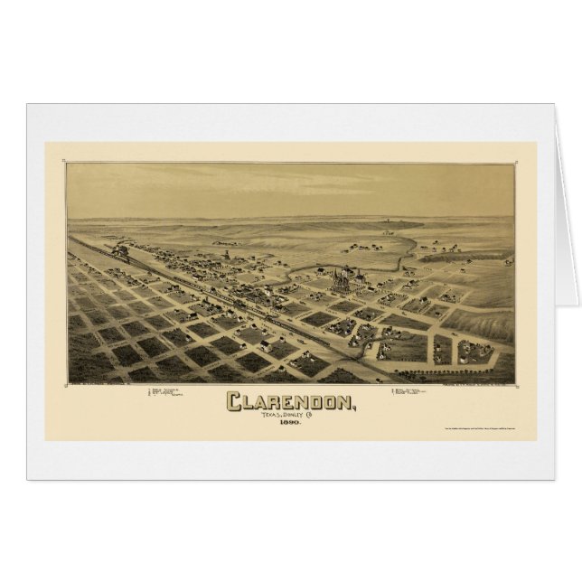 Cartão Clarendon, mapa panorâmico de TX - 1890 (Frente Horizontal)