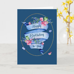 Cartão Classic Blue Birthday Ribbon with Flowers & Frame
