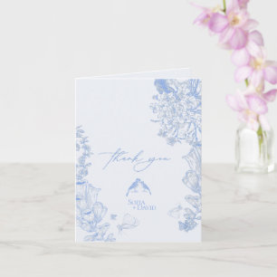 Cartão Clássico Azul Branco Floral Casamento Obrigado