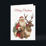 Cartão Clássico Papai Noel Andando em Reena no Natal<br><div class="desc">Cartão de Natal com uma ilustração de Natal divertida. Papai Noel em seu terno vermelho tradicional cavalgando uma rena grande e picada decorada com o Holly. Uma árvore de Natal nas costas.</div>
