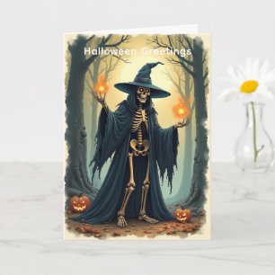 Cartão Clássico Skeleton Witch Halloween Saudando Vintage