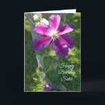 Cartão Clematis roxo da flor da irmã do feliz aniversario<br><div class="desc">Cartão roxo bonito do Clematis da flor da irmã do feliz aniversario.</div>