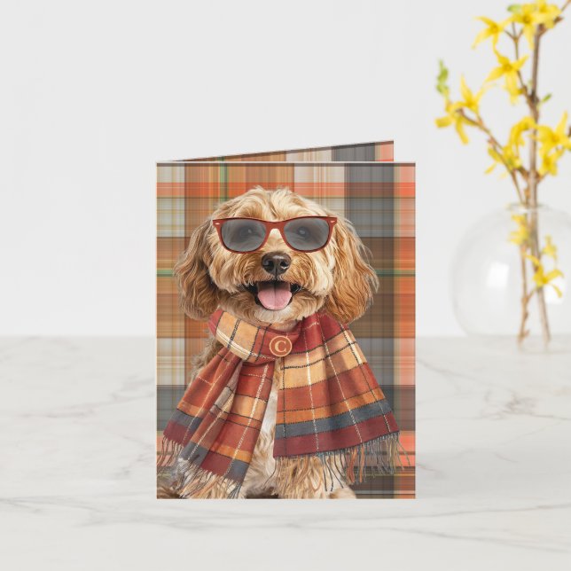 Cartão Cockapoo Cachorro Outono Xadrez Monogramado (Flor Amarela)
