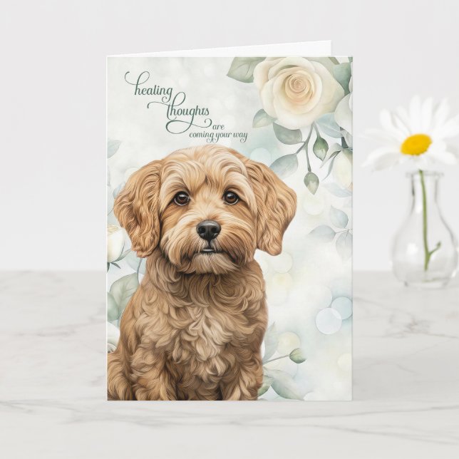 Cartão Cockapoo Cachorro Rosas Brancas e Verde Salva Recu (Planta pequena)