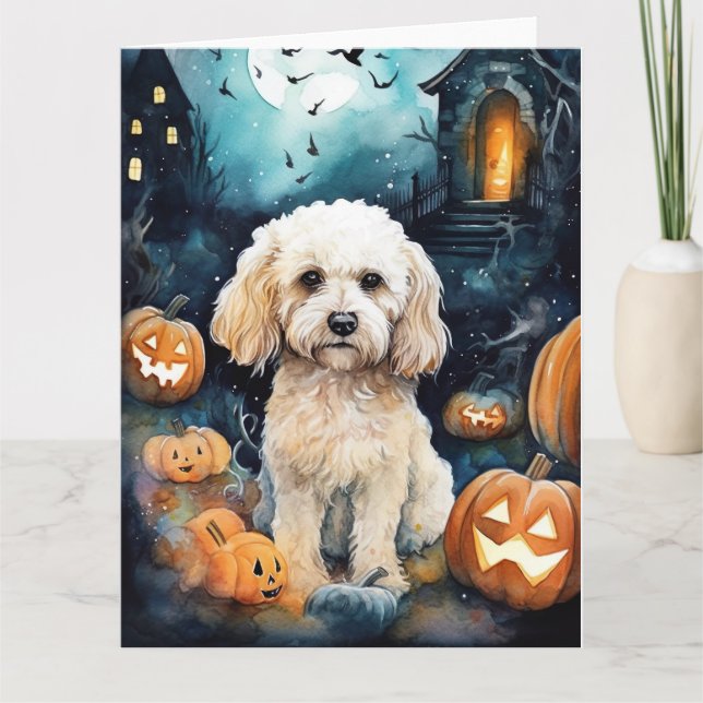 Cartão Cockapoo de Halloween com Abóboras Assustador  (Frente)