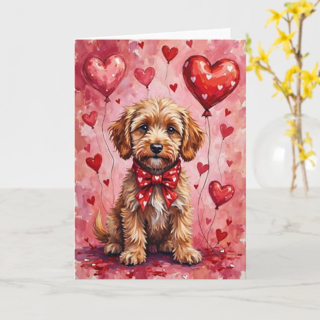 Cartão Cockapoo Dia dos Namorados Cachorro Sentado com Co (Flor Amarela)