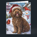 Cartão Cockapoo Winter Wonderland Natal Joy<br><div class="desc">Este design festivo captura o espírito alegre da época de férias, apresentando um adorável filhote vestindo um chapéu de Papai Noel. O cachorro está aninhado numa terra maravilhosa de inverno, completo com um boneco de neve, uma árvore de Natal decorada, e presentes lindamente envoltos. Os flocos de neve caem suavemente,...</div>