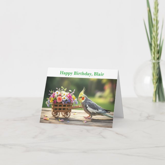 Cartão Cockatiel with Flowers Custom name & text birthday (Frente)