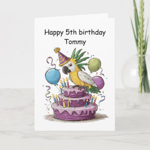 Cartão cockatoon emperrado em balões de bolo de aniversár