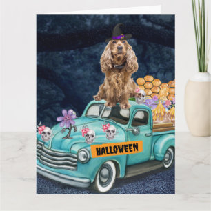 Cartão Cocker Spaniel Cachorro Halloween Caminhão Noite A