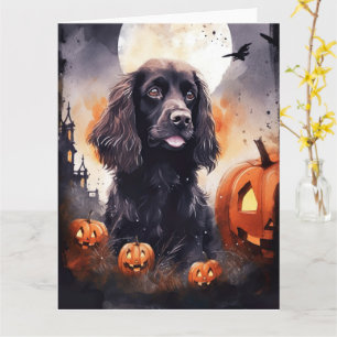 Cartão Cocker Spaniel de Halloween com Abóboras 
