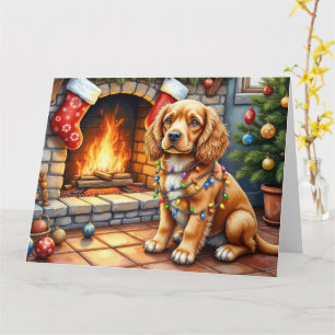 Cartão Cocker Spaniel junto à Lareira com Luzes de Natal