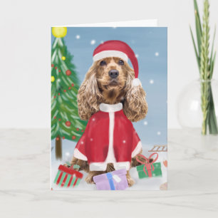 Cartão Cocker Spaniel na Neve com Presentes de Natal 