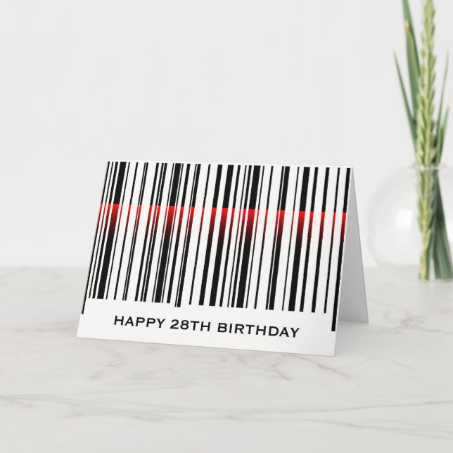 Cartão Código de barras de aniversário de 28 anos com las (Frente)