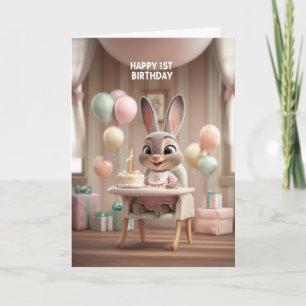 Cartão Coelhinho Bebê na Cadeira Alta c/ Balões Aniversár