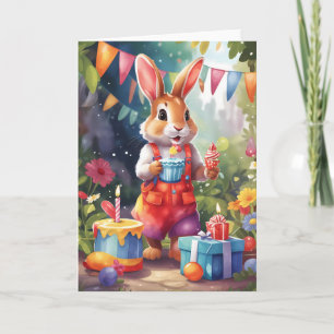 Cartão Coelhinho bonito com bolo, no jardim de uma festa