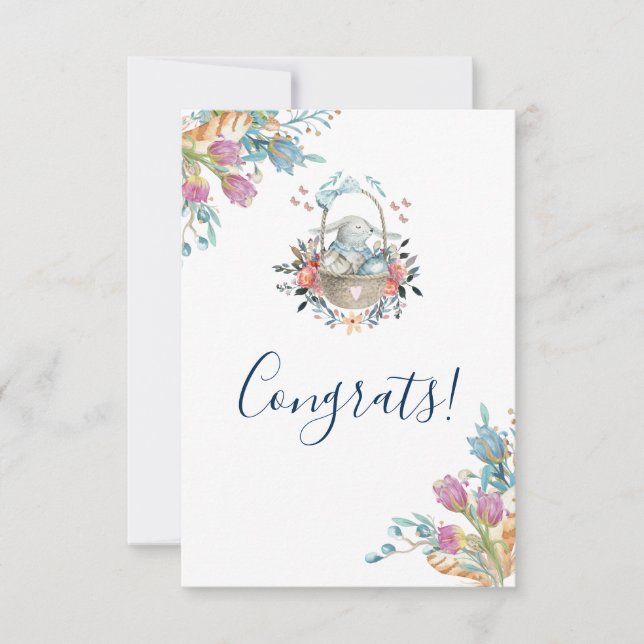 Cartão Coelhinho bonito em uma cesta com ovos e flores Bo (Frente)