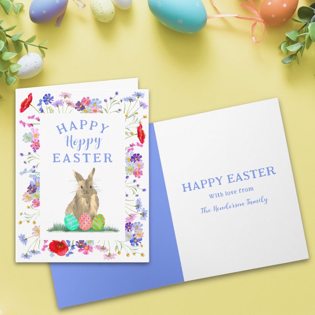 Cartão Coelhinho-coelho-doce-Páscoa-hoppy e ovos Boho-flo (Personalized happy hoppy Easter cute bunny watercolor wildflower spring floral folded holiday card)