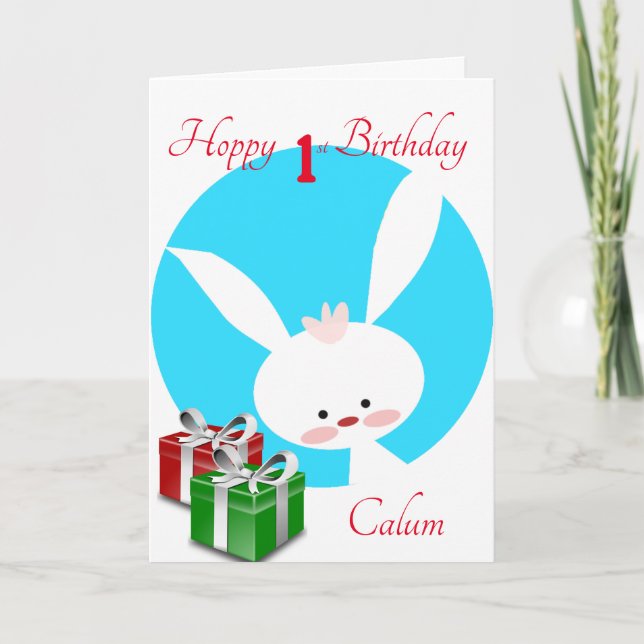 Cartão Coelhinho de 1º Aniversário Meninos (Frente)