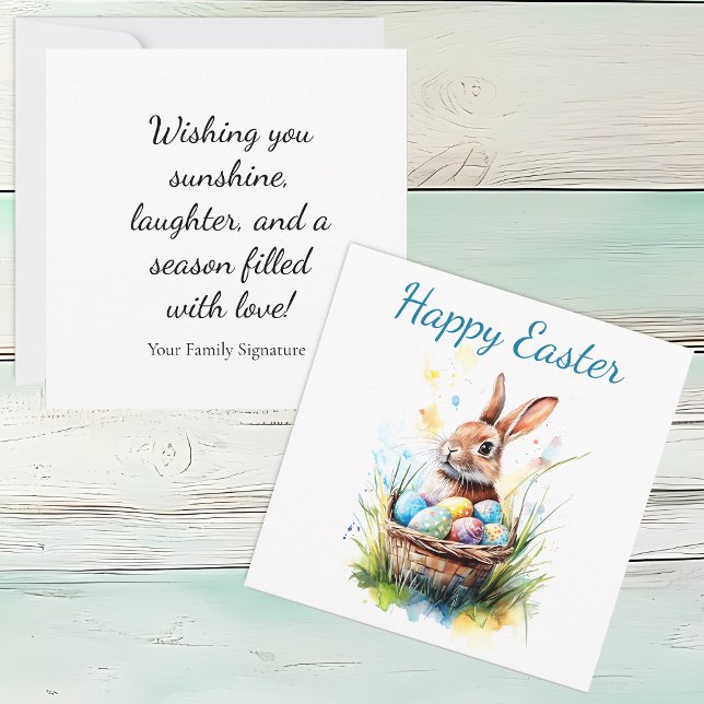 Cartão Coelhinho de Aquarela e Páscoa (Bunny with Easter Basket Square Flat Greeting Card)