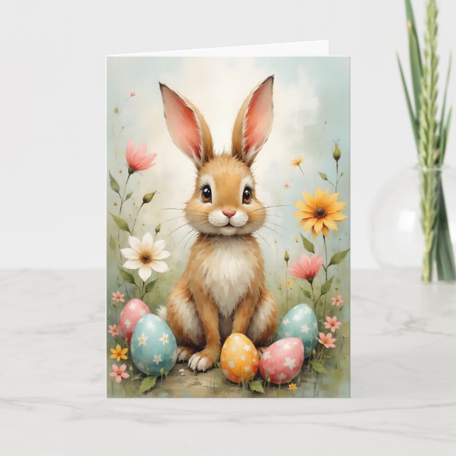Cartão Coelhinho de Páscoa Ovos Flores Páscoa (Frente)